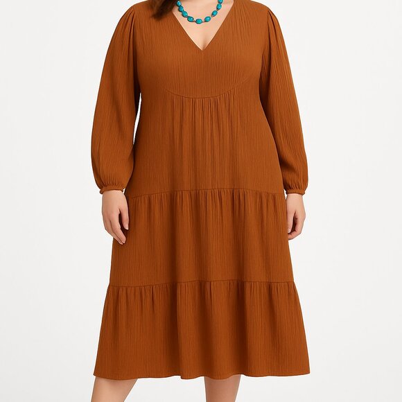 Violeta by MNG Chocolate Brown V- Neck Tiered Midi Textured Dress Bishop Sleeves - Picture 1 of 9